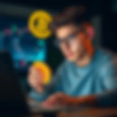 A concerned young man looking at his laptop screen while holding a Bitcoin symbol, representing his investment worries.