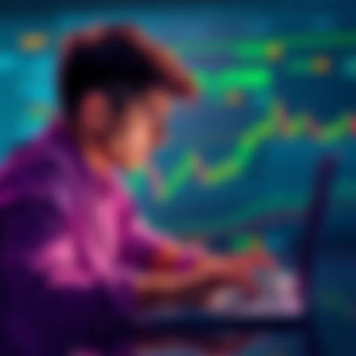 A young investor looking at cryptocurrency charts on a laptop, considering whether to sell or hold their digital assets.