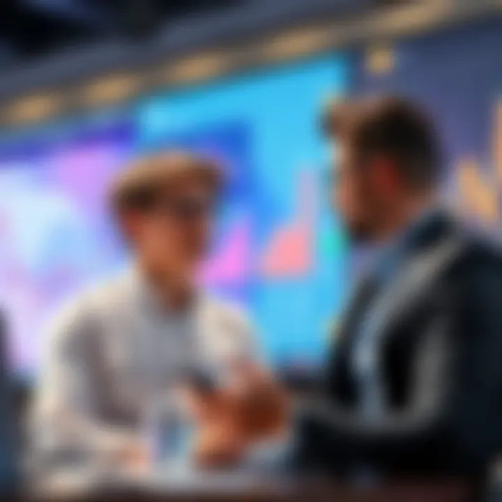 A young investor talks to a financial adviser about accessing cryptocurrency investments, with charts and graphs in the background.