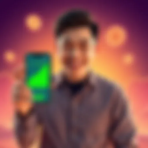 A 28-year-old holding a smartphone showing a rising cryptocurrency graph, with a joyful expression, surrounded by images of houses and investment icons, symbolizing options for cashing out or passive income.