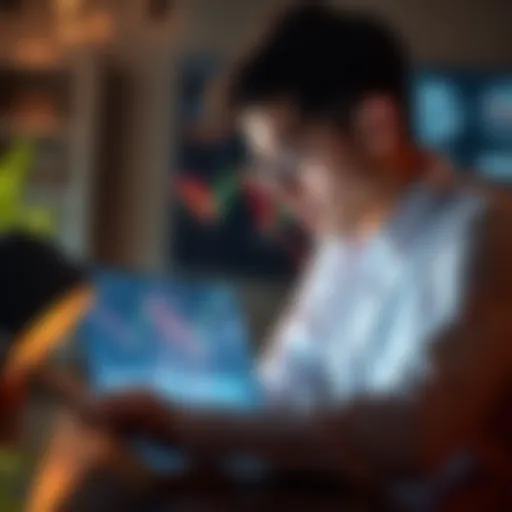 A young investor analyzes an Ethereum price chart on a laptop, focusing on the importance of market trends and accumulation during downturns.