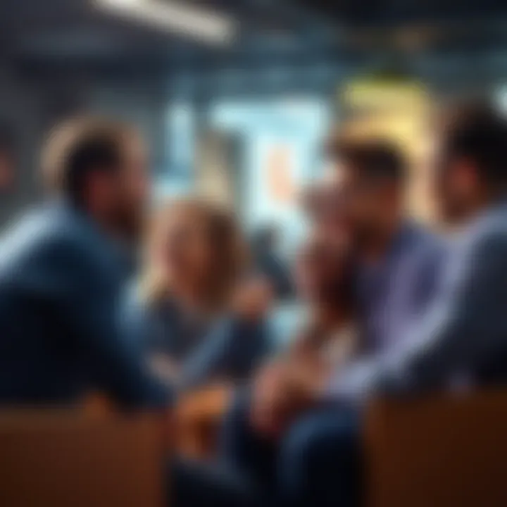 A group of young investors sharing ideas about exit strategies for their portfolios in a casual setting