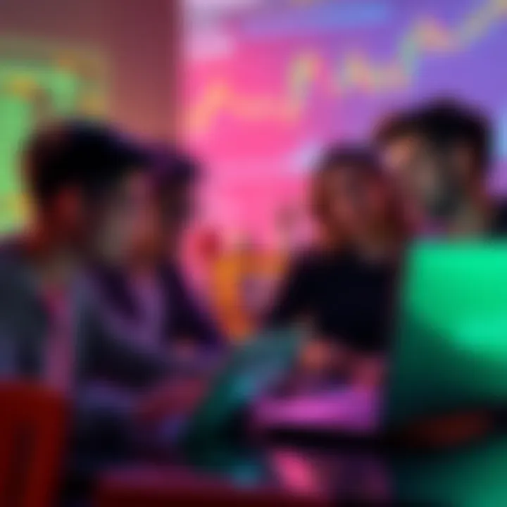 A group of young crypto enthusiasts discussing Solana blockchain technology, with laptops and digital charts in the background