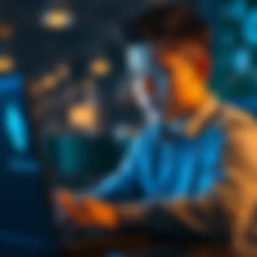 A 25-year-old looking at a laptop with Ethereum graphics on the screen, pondering investment decisions.