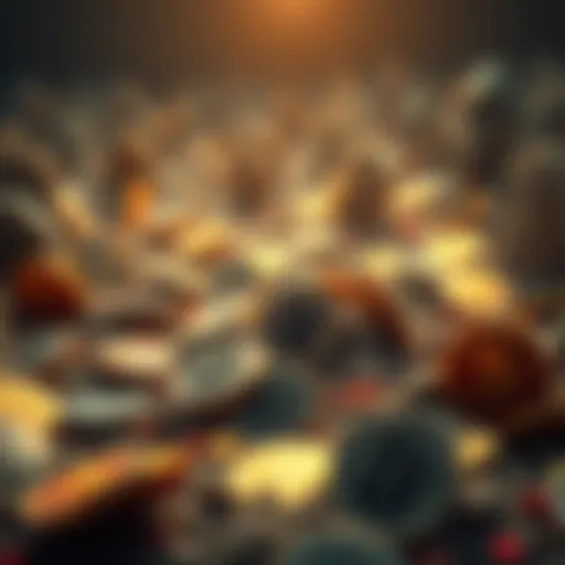Illustration of dead coins with market caps, showing a digital graveyard of cryptocurrencies, some coins partially buried, symbolizing inactivity but high value.