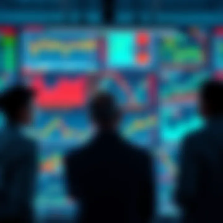 A person looking at a large screen displaying various stock charts, while others gather to discuss strategies. The focus is on collaboration rather than individual data points.